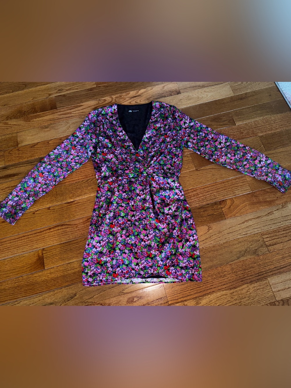 Zara Floral Long Sleeve Wrap Mini Dress - Pink & Green Multi